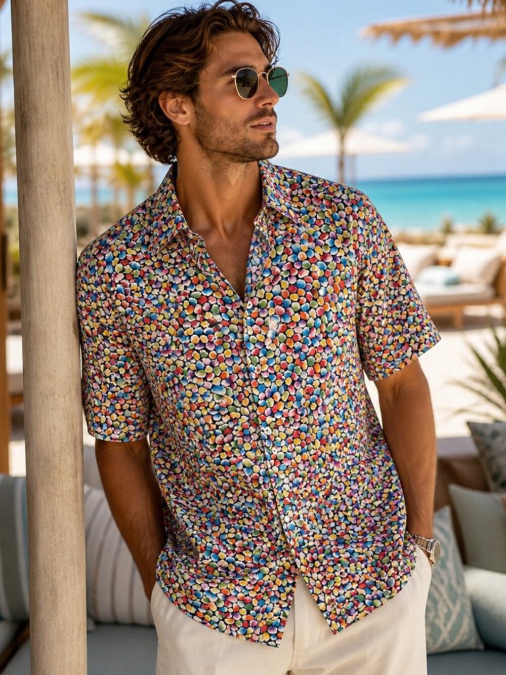 Maus & Hoffman Italy Cotton Button Down Shirt | XXL | Colorful Pebble Print